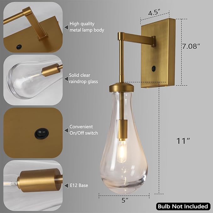 HuisMier Brass Raindrop Wall Sconces, Indoor Wall Sconces with On/Off Switch, Modern Clear Glass Wall Lamp Vanity Light Fixtures for Bathroom Bedroom Living Room Hallway, Hardwired