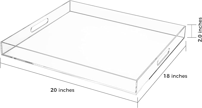 Clear Rectangular 18x20 Inches Acrylic Ottoman Tray Decorative Serving Tray with Cutout Handles Organizer Tray on Coffee Table Countertop Big Breakfast Bed Tray Living Room Appetizer Serving Food
