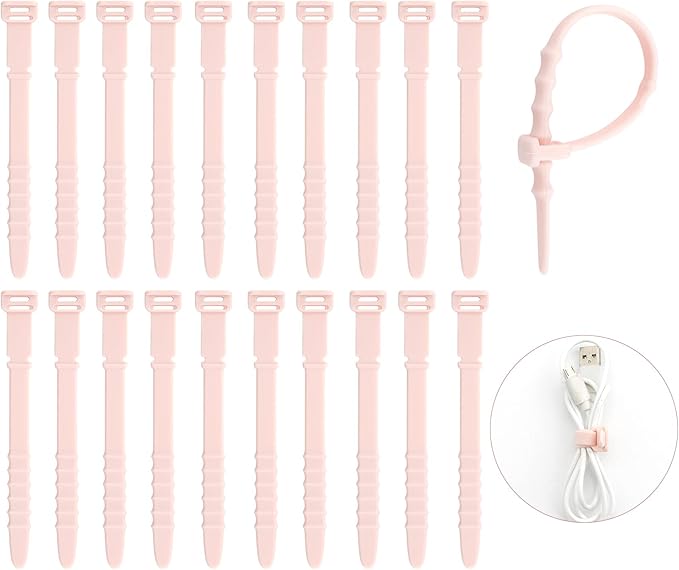Silicone Zip Ties,Reusable Zip Ties,Everyday Essentials,Travel Must Haves,20pcs Rubber Cable Ties Straps,Elastic Fastening Cord Ties, Cord Organizer for Camping, Pink Cable Straps 4.5inch