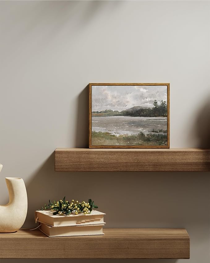 VIYYIEA Vintage Nature Framed Wall Art, Lakeside Landscape Paintings Art Decor Aesthetic, Canvas Print Artwork, Retro Scenery Wall Pictures for Bedroom Bathroom Office 12X16 Inch