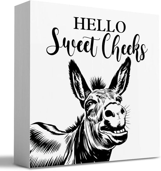 HTBIG Funny Donkey Bathroom Wooden Box Decor Hello Sweet Cheeks Wooden Box Logo Put It on a Bathroom Corner Shelf to Create a More Cheerful Ambiance 5 x 5 Inch