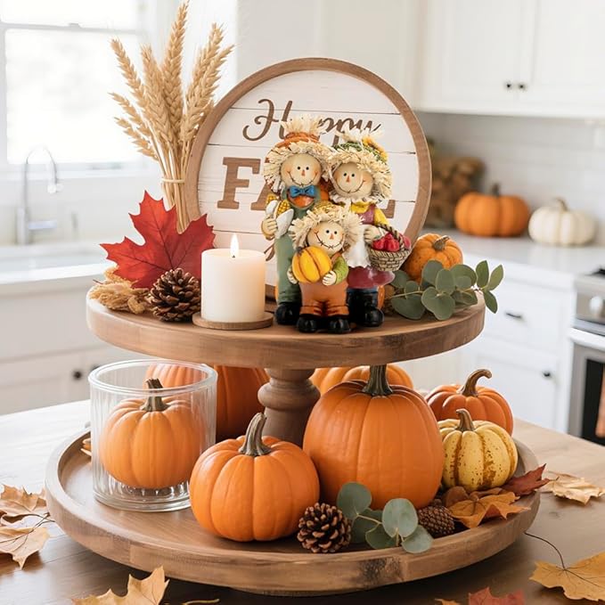 Hodao Fall Scarecrow Family Figurine with Pumpkin, Corn and Apple Basket, Hand-Painted Resin, Autumn Harvest and Thanksgiving Home Decor and Gift for Tiered Tray, Mantel, Tabletop, Windowsill