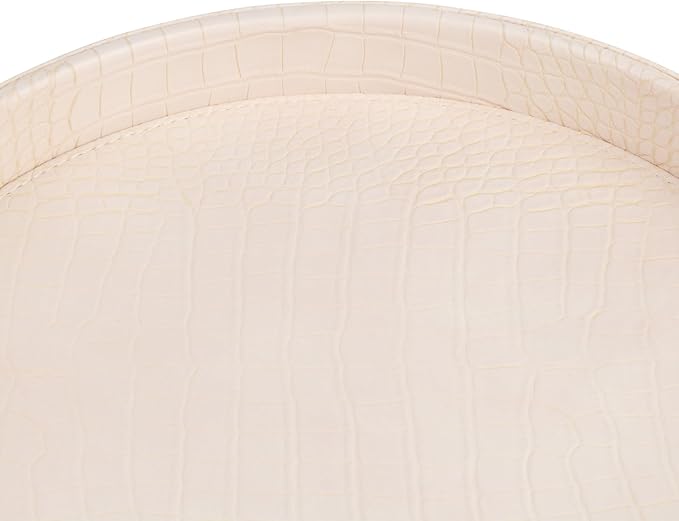 HofferRuffer Faux Leather Round Serving Tray, Vegan Croco Leather Decorative Tray, Food Tray for Storage Drinks, Snack & Cosmetics, Dia.12'' x 1.6'' (CreamWhite/Tiny Yellow)