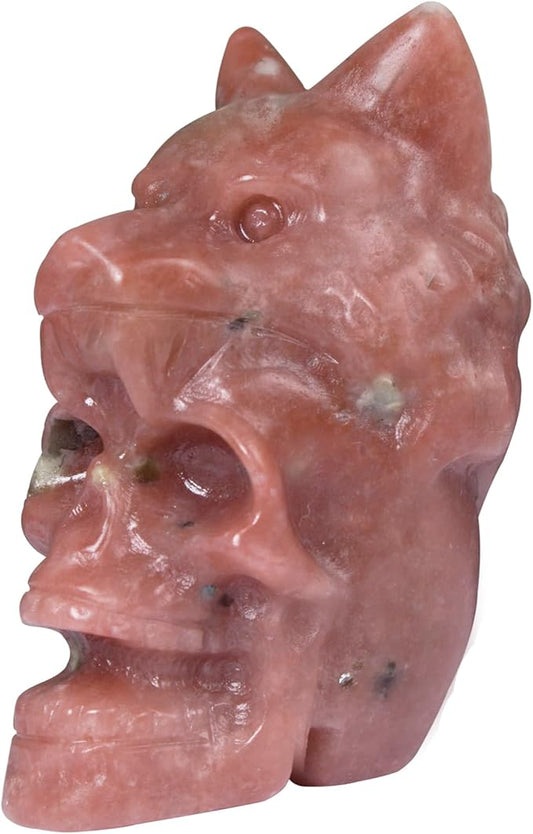 2.17 Inch Crystal Skull with Wolf Head Figurine Decor, Plum Blossom Jasper Skull with Wolf Head Statue Decor for Home Office Desk, Hand Carved Healing Crystal Animal Statues Gifts for Women Men