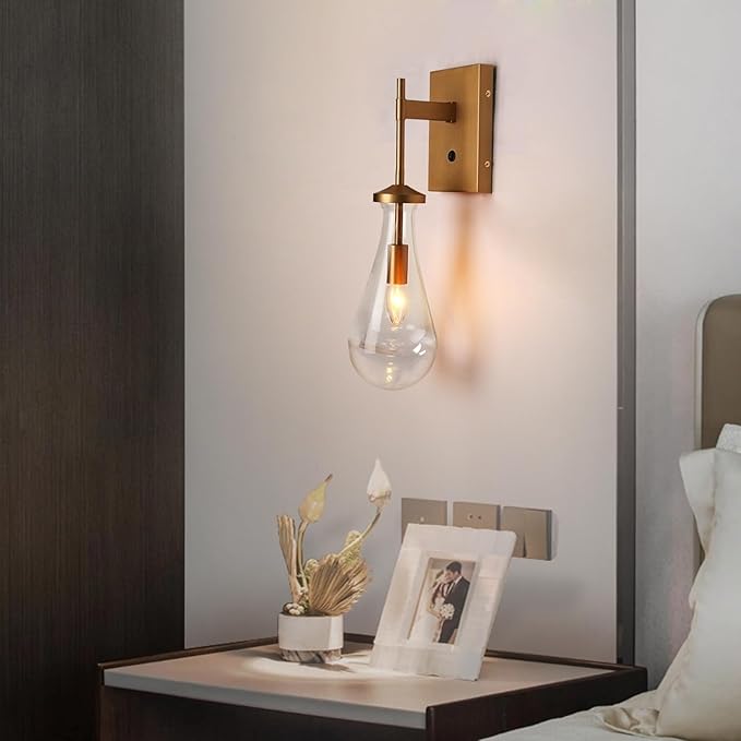 HuisMier Raindrop Wall Sconces, Brushed Brass Glass Wall Sconce with On Off Switch, Modern Wall Light Fixtures Bathroom Wall Lamp for Bedroom Living Room Vanity Hallway
