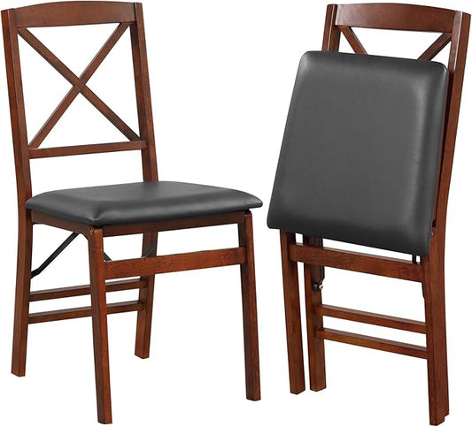 COSTWAY Folding Dining Chairs Set of 2, Upholstered Wooden Dining Room Chairs with X-Shaped Back, 400LBS Capacity and Solid Wood Frame for Kitchen Apartment (Brown & Black)