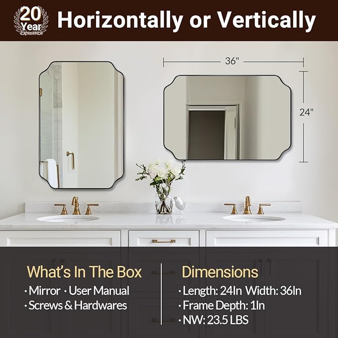 ANDY STAR Bathroom Vanity Mirror, 24x36 Inch Matte Black Mirror, Modern Rectangle Mirrors for Bathroom, Asymmetrical Wall Mirror with Scalloped Round Corner
