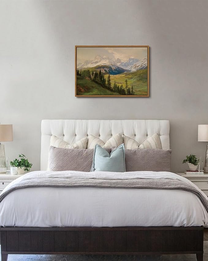KISSFOX Vintage Framed Wall Art Alpine Valley Landscape Canvas Art Farmhouse Rustic Snow Mountain Paintings Artwork Natural Serene Countryside Cottagecore Art Prints For Bedroom Bathroom Living Room