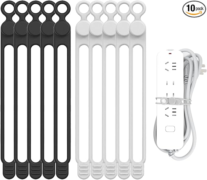 Silicone Cable Straps, 10pcs Extra-Long Reusable Hanging Organizer for Cables, Kitchen, Home, School (Black & White)
