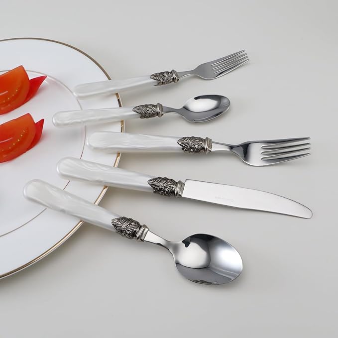 REVERIE Collection 18/10 Stainless Steel Vintage Flatware set,Sliverware set,Dishwasher safe (65, Pearl White)