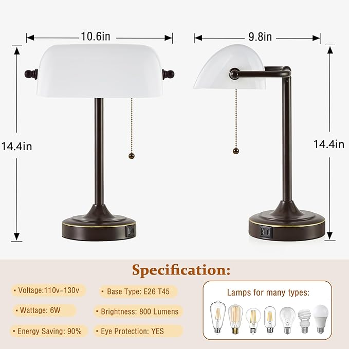 Vintage Desk Lamp Bankers Lamp - Brown Retro Table Lamp with USB & Type C Charging Ports Traditional Pull Chain Switch Library Lamp for Home Office Bedroom Nightstand Side Table Lamp(Bulb Included)