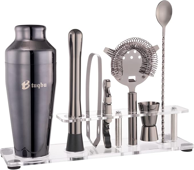 Cocktail Shaker Set with Arcylic Stand, Mixology Bartender Kit for Drink Mixing | Mixology Set with 7 Bar Set Tools Cocktail Kit (Black)