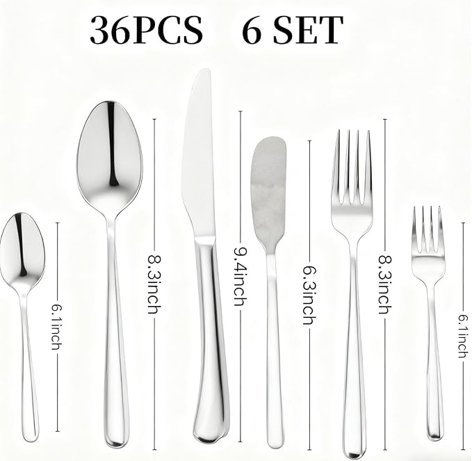 36 Piece Silverware Set with Placemat,MASALACO 6-Piece Stainless Steel Cutlery Set-Knife Fork Butter Knife and Spoon,Mirror Finish,Suitable for Home Restaurant Hotel Kitchen Utensils,Dishwasher Safe