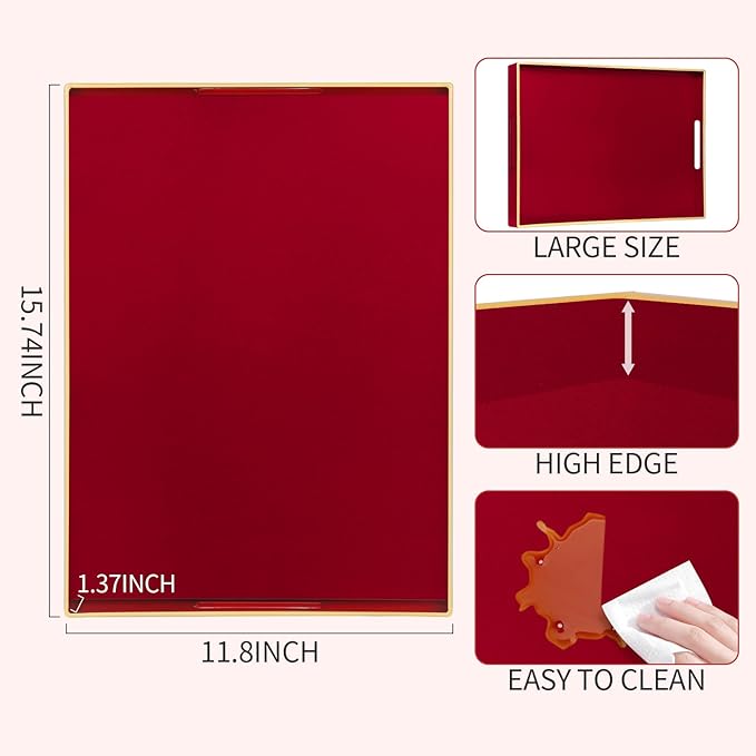 Sturdy Acrylic Serving Tray with Handles-15.7x11.8Inch, Morden Plastic Rectangular Serving Tray for Coffee Table Bathroom, Ottoman, Home Decor (Rectangular - Red)