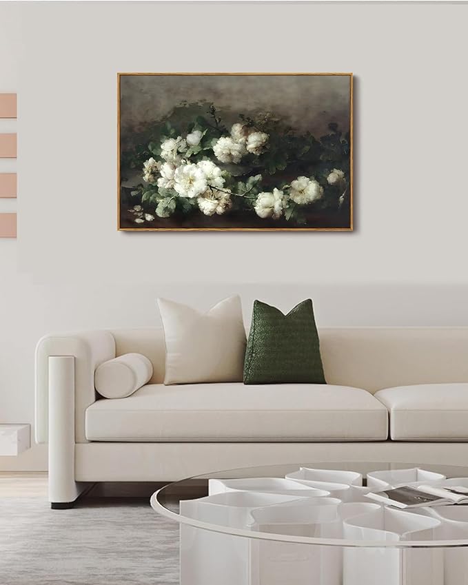 KISSFOX Framed Vintage Floral Wall Art White Flower Botanical Painting Canvas Prints Retro Rustic Farmhouse Pictures Cottagecore Aesthetic Office Decor Bedroom Bathroom Living Room