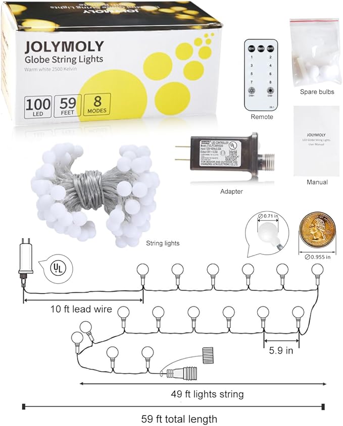 Globe String Lights, 59 Ft 100 LED Christmas Lights with Remote Timer, Connectable Plug in Twinkle Lights for Bedroom Wedding Classroom Indoor Outdoor Decor, Warm White