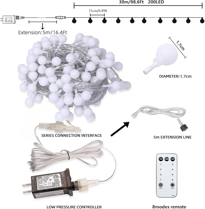 Globe String Lights Plug in 116 Ft. 200 LED 8 Modes with Remote,Waterproof Fairy String Lights for Indoor Outdoor Bedroom Party Wedding Garden Christmas Tree Decor,Warm White