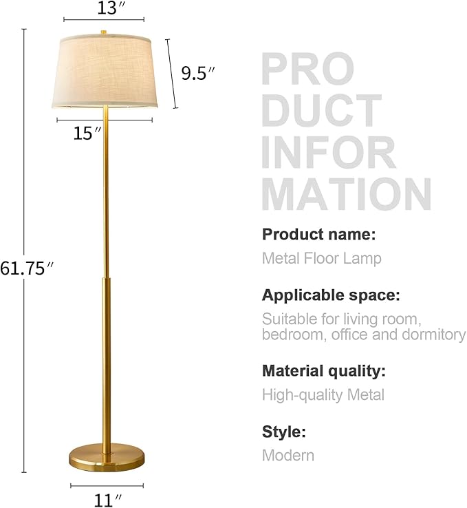 Oneach 61" Floor Lamp for Living Room, Gold Modern Standing Lamp with White Linen Shade, Brass Tall Pole Light with Rotary Switch for Bedroom, Office, Reading Room
