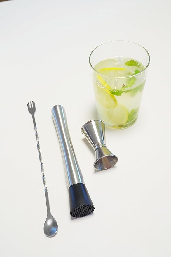 Professional Bar Tools Set, 10-inch Stainless Steel Muddler, Mixing Spoon, Measuring Jigger for Cocktails for Home Bartenders, Mojitos, Margaritas and Fruit-Based Drinks