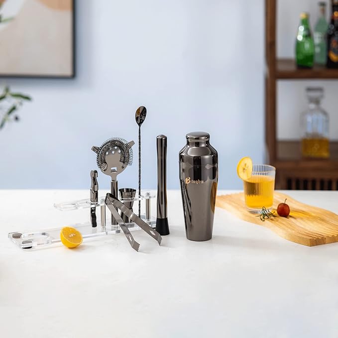 Cocktail Shaker Set with Arcylic Stand, Mixology Bartender Kit for Drink Mixing | Mixology Set with 7 Bar Set Tools Cocktail Kit (Black)