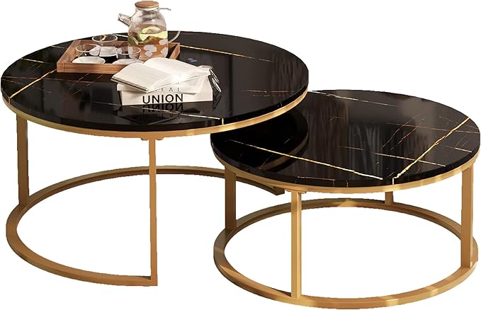 WiberWi Round Coffee Table Nesting Tables Set of 2, Large : Ø 34.0", Small : Ø 26.0", Modern Design Coffee Tables for Living Room, Gold Metal Frame Circle Cocktail Table, High Glossy Faux Black Marble