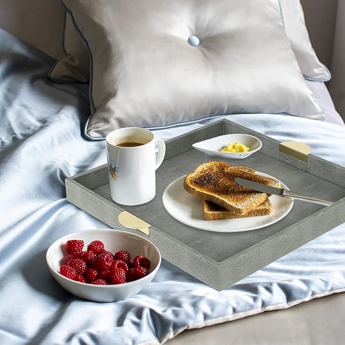 HofferRuffer Faux Leather Decorative Serving Tray, Elegant Coffee Table Ottoman Tray, Breakfast, Drinks, Liquor Serving Platter, Dark Grey Shagreen Finish with Gold Hardware Handle (Square)