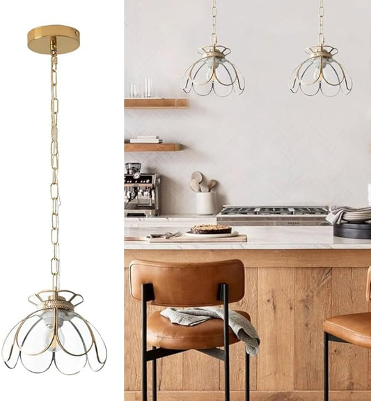 Yifi Glass Pendant Light Fixture, Brass Ceiling Pendant Lighting, Adjustable Chain Gold Mini Chandelier, Elegant Flower Hanging Lamp for Kitchen Island Dining Room Living Room Cafe Shops, Clear