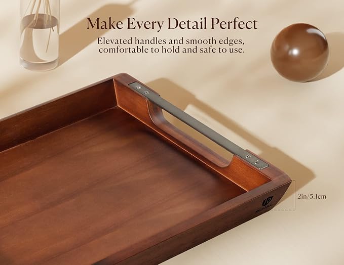 Acacia Wood Serving Tray with Metal Handles, 17x13in Food Drinks Tray for Coffee Table, Breakfast, Dinner & Bar, Rustic Decorative Storage Tray for Ottoman, Kitchen, Bedroom Gift Packaging