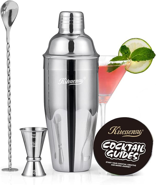 Cocktail Shaker, KITESSENSU 24oz Drink Shaker with Bartender Strainer, Measuring Jigger, Bar Mixing Spoon, Cocktail Recipe Guide, Professional Drink Mixer Set for Beginners, Silver
