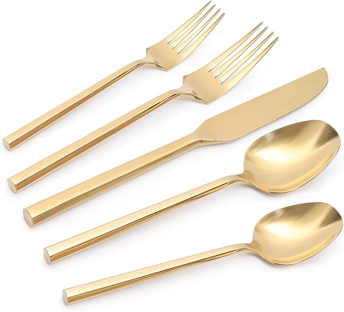 18/0 20-Piece Gold Silverware Set, Flatware Set Stainless Steel, Modern Cutlery Set, Service for 4, Mirror Finish Dishwasher Safe