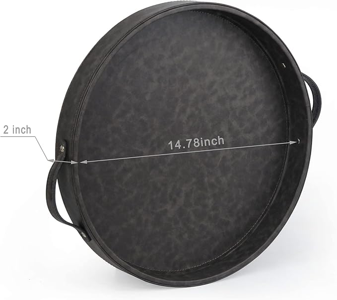 HofferRuffer Top Nocth PU Leather Round Serving Tray, Decorative Serving Tray with Handles, Coffee Tray, Ottoman Tray for Home Or Office, Diameter 14.6-inch (Dark Grey)