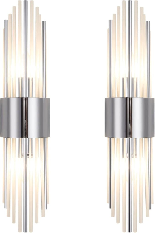 Chrome sconces Wall Set of 2, Silver Crystal Wall sconces Set of Two, Modern Wall Sconce Decoration (Set of Two) for Living Room, Bedroom, Bathroom, Vanity, Stairs, Hallway,with 4 E12 Light Sources
