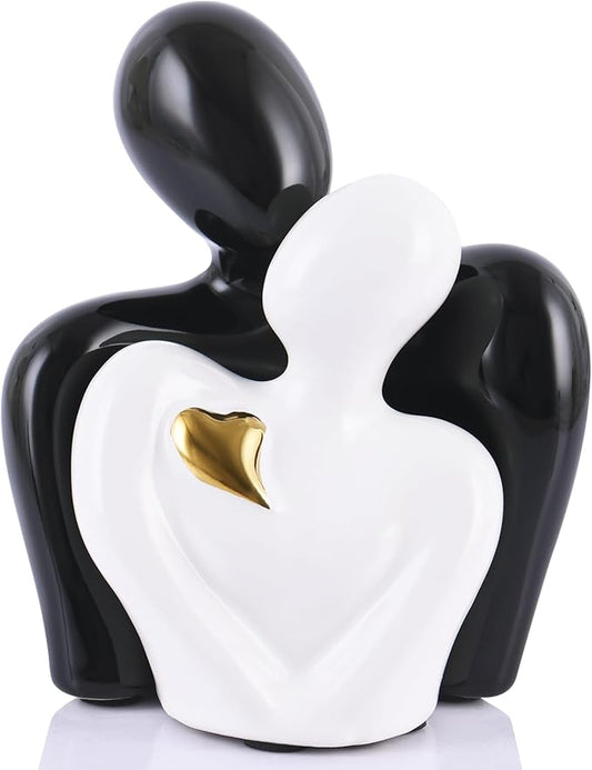 Mini Couple Statue Tv Stand Decor Items for Living Room,Bedroom Decor for Couples Sculpture Knick Knacks for Shelves,Couple Gifts for Her,Show Pieces for Home Decor (Black and White Gold Heart)