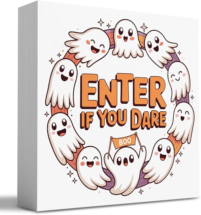 HTBIG Cute Ghost Halloweenwooden Box Decor Enter If You Dare Signs Office Decor Suitable family Computer Desk Dressing Table 5 x 5 Inch