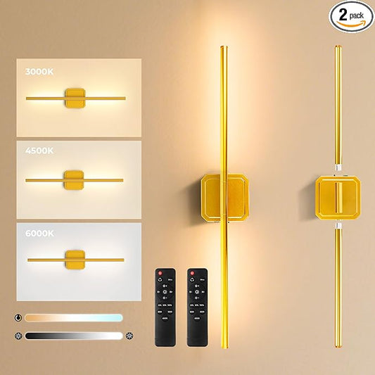 Battery Operated Wall Sconces Set of 2, Wall Lamps Detachable 360°Rotate, 3000-6500K Dimmable with Remote Control, 10000mAh Rechargeable Wall Lights for Bedroom, Living Room 28" Gold