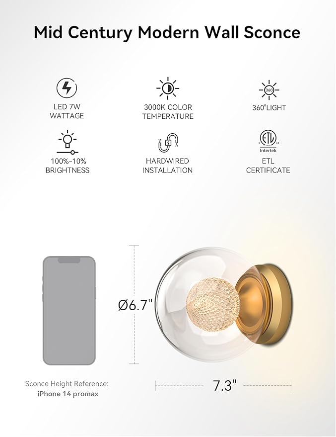 Tubicen Dual-Globe Wall Sconce Gold Dimmable Mid Century Modern Art Deco Wall Sconce 6.7in Glass Round Wall Light for Living Room Bedroom Bathroom Hardwired 3000K