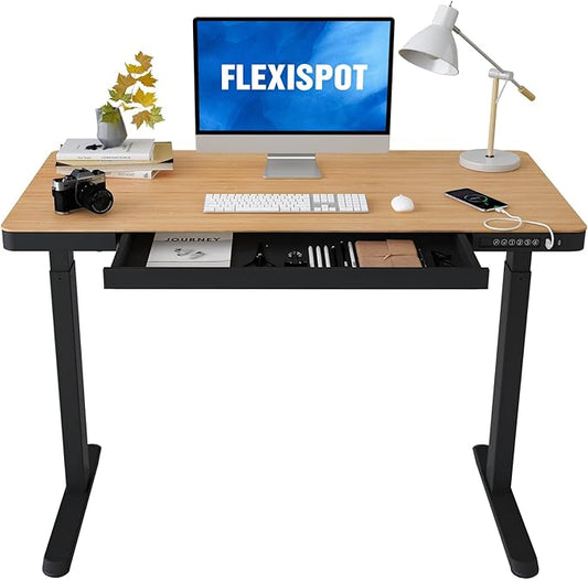 FLEXISPOT Electric Standing Desk with Drawer Storage Adjustable Height Quick Assembly Table w/USB Charge Ports (Natural Desktop + Black Frame)