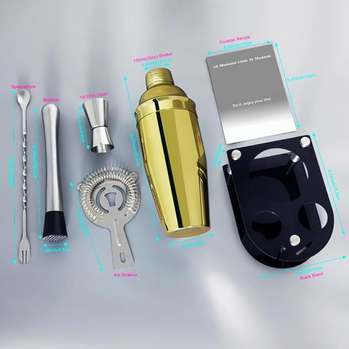 Cocktail Shaker Bartender Kit: 5 Piece Bar Tool Set, Cocktail Shaker Set with Stand, Drink Mixing Includes Martini Shaker,Strainer,Jigger,Bar Mixer Spoon,Muddler ﻿ (Gold, 750ml(25oz))