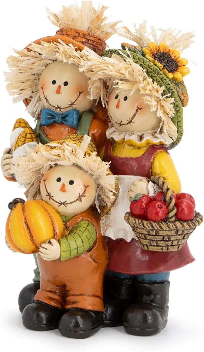 Hodao Fall Scarecrow Family Figurine with Pumpkin, Corn and Apple Basket, Hand-Painted Resin, Autumn Harvest and Thanksgiving Home Decor and Gift for Tiered Tray, Mantel, Tabletop, Windowsill