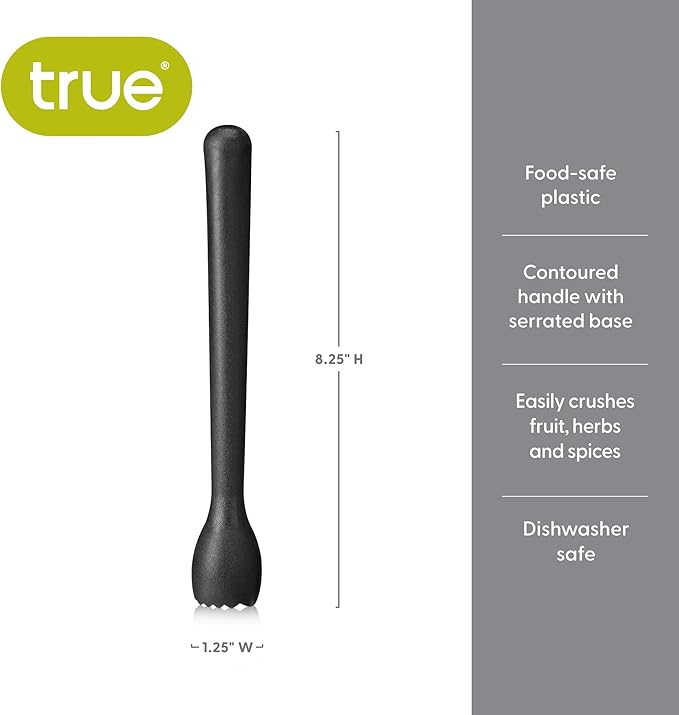 True Bash Muddler for Cocktails, Fruits, Spices, Herbs, and Sugar Cubes Crusher, Home Bar Accessories, Bartender Tools, 8.25", Set of 1, Black
