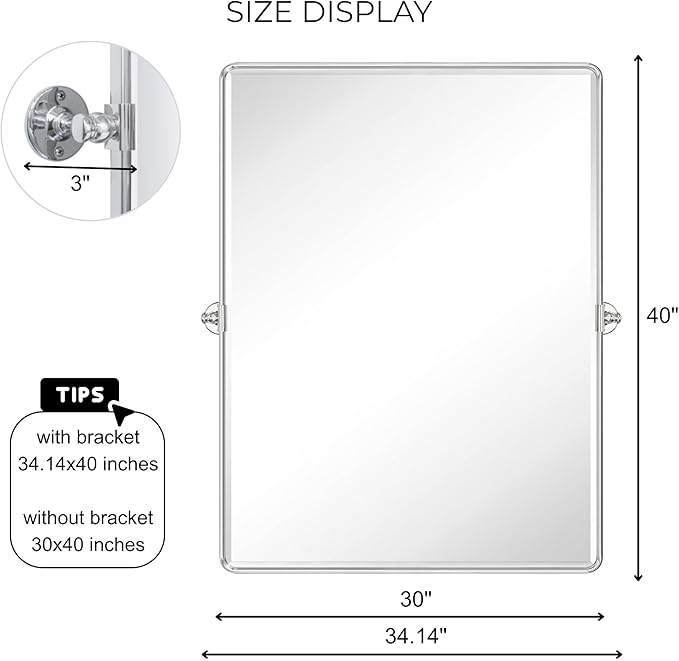 TEHOME Pivot Mirror Chrome Tilt Bathroom Vanity Mirror Large Metal Framed Rectangle Tilting Beveled Vanity Mirrors for Wall, Vertical Hanging, Overall 34.14 x 40 inches (Mirrror 30 x 40 inches)