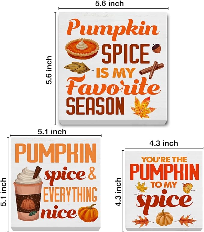 3 Pcs Fall Wood Signs Decor Pumpkin Spice Wood Block Signs Farmhouse Autumn Pumpkin Spice Wooden Box Signs Home Decorations for Kitchen Tiered Tray Desk Table Shelf