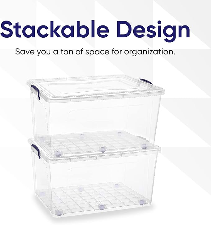 Superio Storage Containers With Wheels (3 Pack), Opaque Clear Stackable Large Storage Containers With Lids, Durable Latches (85 Quart)