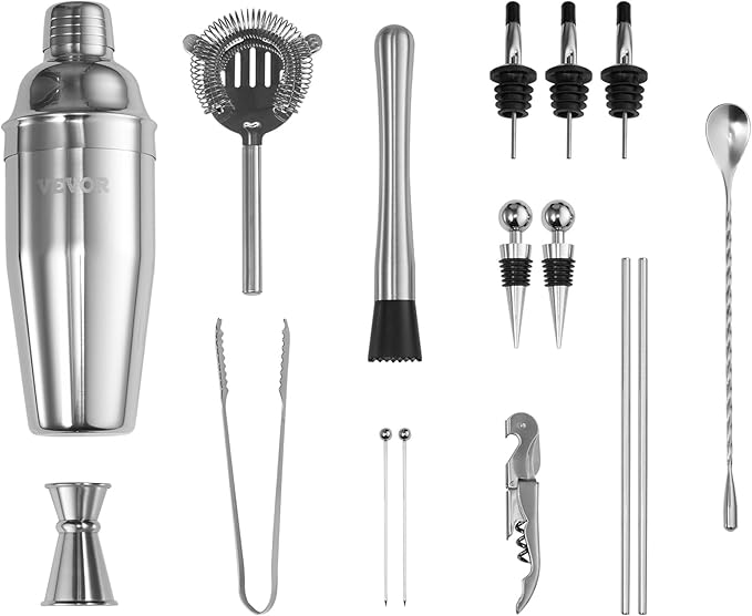 VEVOR Cocktail Shaker Set, 18-Piece Stainless Steel Bar Tools with Bamboo Stand, Martini Bartender Kit Accessories | Mixer Spoon, Muddler, Jigger, Strainer, Liquor Pourers, Ice Tong, Corkscrew, Silver