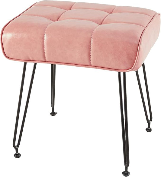 PU Leather Vanity Stools, Vanity Stool Chairs for Makeup Faux Leather Foot Stools Ottoman with Metal Leg Make up Chairs for Vanity Small Bench Seat for Living Room Bedroom (Pink)