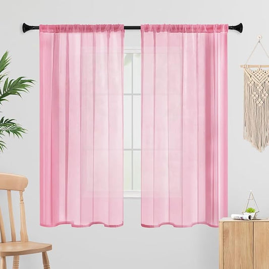 Sheer Curtains 84 Inches Long 2 Panels, Rod Pocket Short Curtain for Kitchen, Bedroom, Cafe Window(Pink 38" W x 84" L)