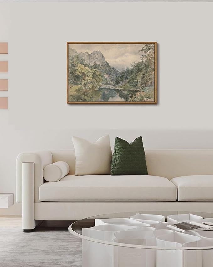 KISSFOX Vintage Framed Wall Art River Valley Landscape Canvas Wall Art Mountain Stream Natural Serene Countryside Paintings Artwork Rustic Art Prints For Bedroom Bathroom Living Room