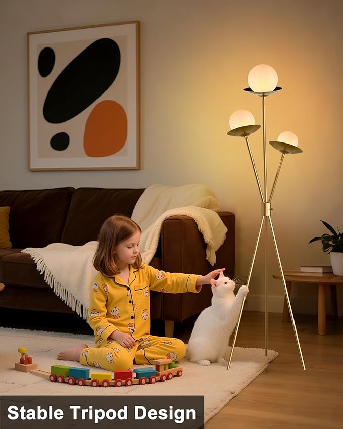 Lightdot Tripod Floor Lamp Dimmable Globe Floor Lamps with 3 LED Bulbs, 3000K Soft Warmwhite Mid Century Modern Standing Lamps Gold Tall Lamp for Living Room Bedroom
