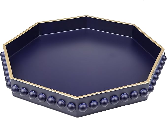 Navy Blue Octagonal Plastic Serving Tray for Coffee Table, Ottoman, Kitchen Counter, Living Room, Outdoor, Lacquered, Contemporary, 13x13x1.57 inches, Polypropylene