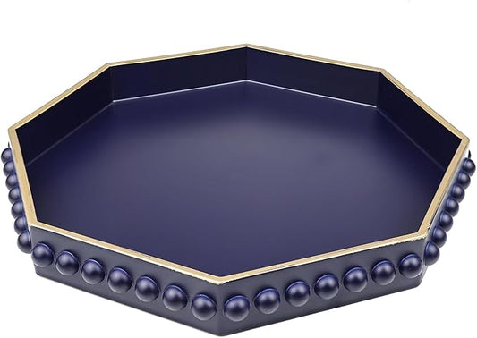 Navy Blue Octagonal Plastic Serving Tray for Coffee Table, Ottoman, Kitchen Counter, Living Room, Outdoor, Lacquered, Contemporary, 13x13x1.57 inches, Polypropylene